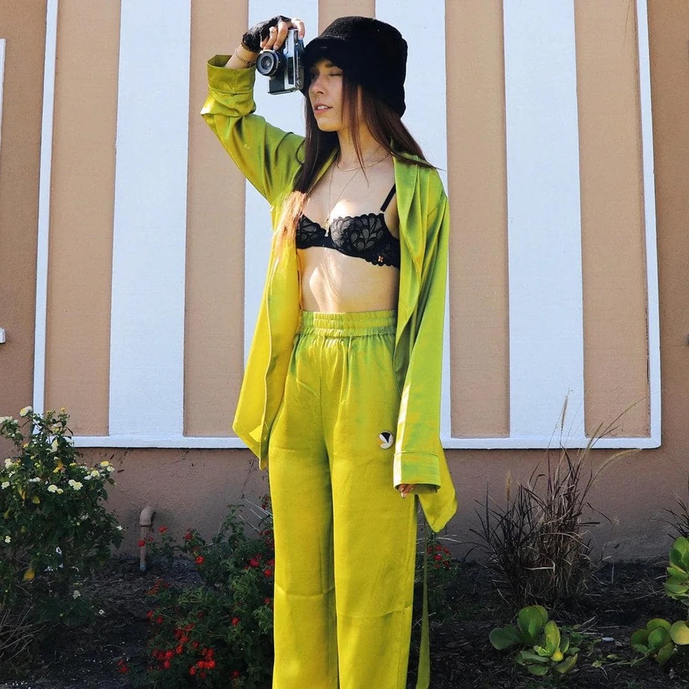 OLIVE SILK LOUNGE PANTS - PLAYBOY